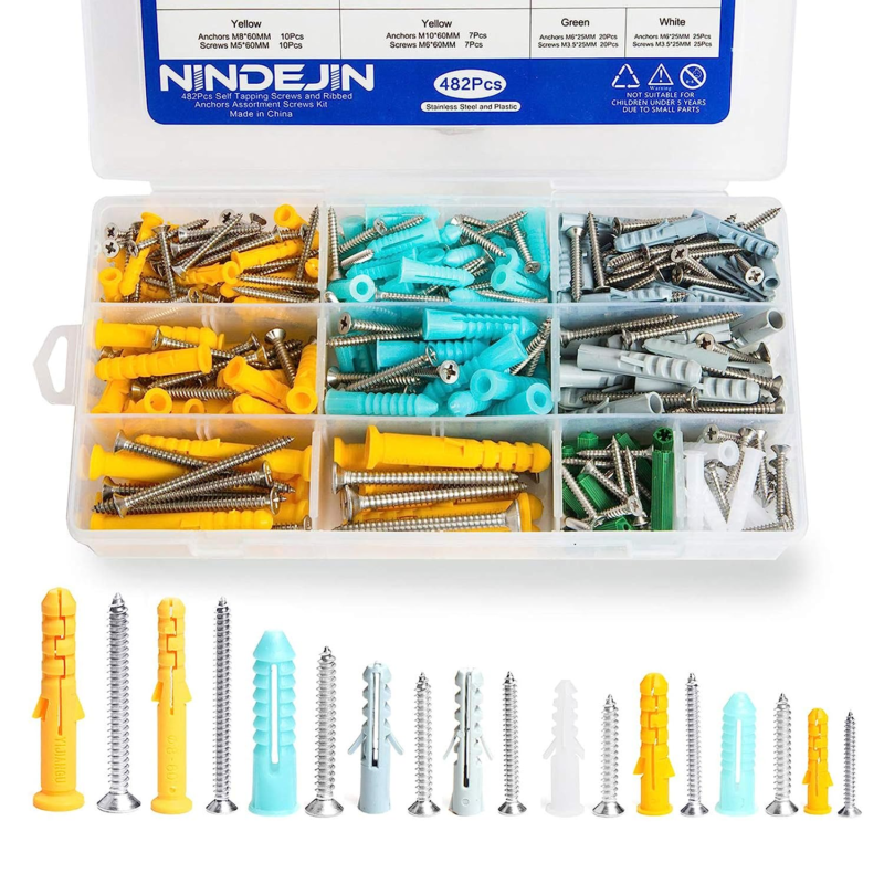 482PCS Drywall Anchors with Wall Screws Assortment Kit, Plastic Anchors and Self