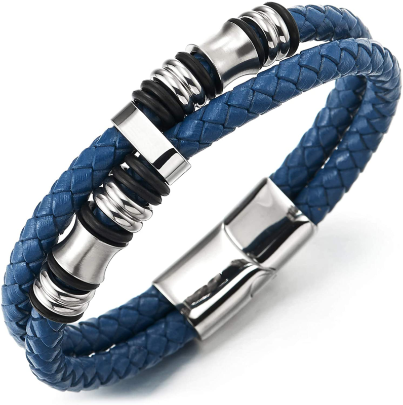 COOLSTEELANDBEYOND Mens Double-Braided Leather Bracelet Bangle Wristba