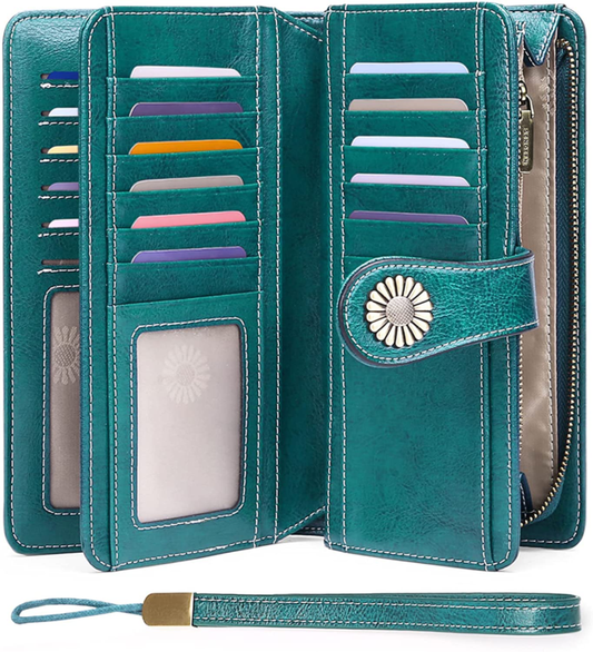 Women's Leather Credit Card Holder with RFID Blocking Large Capacity Wristlet