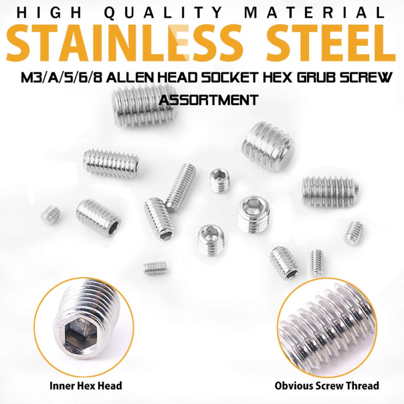 300Pcs M2.5/M3/M4/M5/M6/M8 Hex Allen Head Socket Set Screw Bolts Assortment Kit 