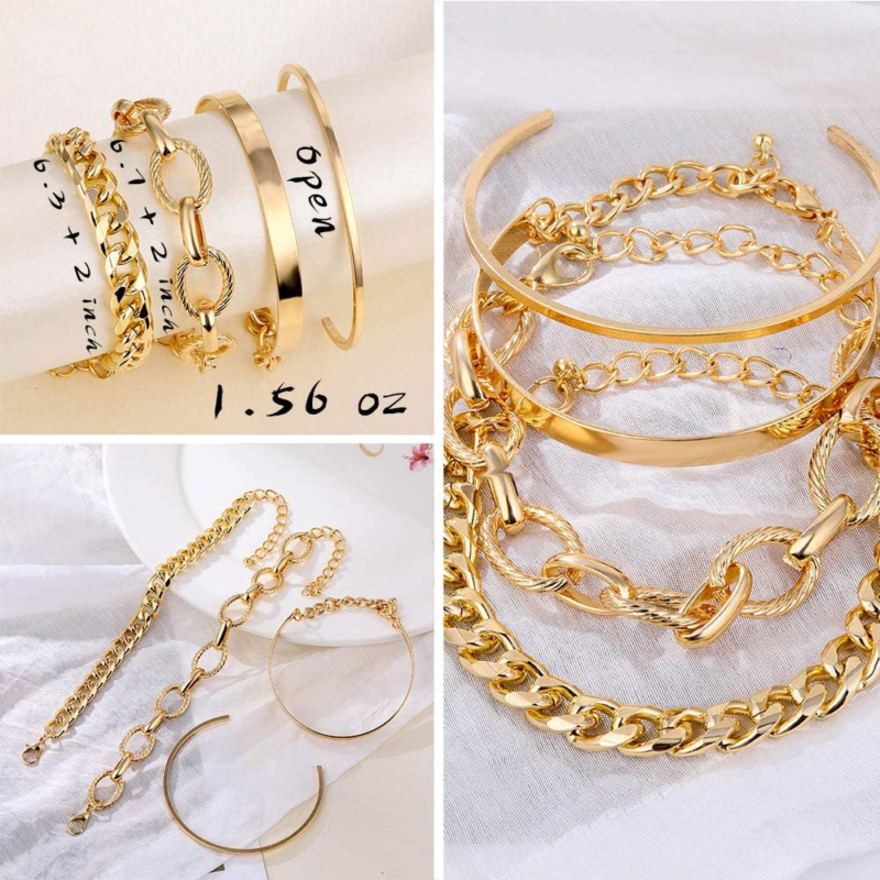 6 PACK (24 PCS) Boho Gold Chain Bracelets Set for Women Girls, 14K Gold Plated M