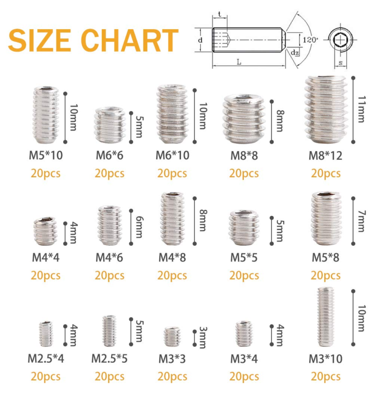 300Pcs M2.5/M3/M4/M5/M6/M8 Hex Allen Head Socket Set Screw Bolts Assortment Kit 