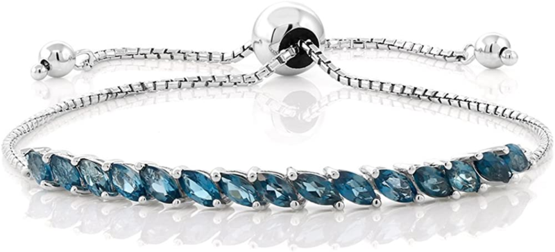 925 Sterling Silver London Blue Topaz Women'S Tennis Bracelet, Adjustable)