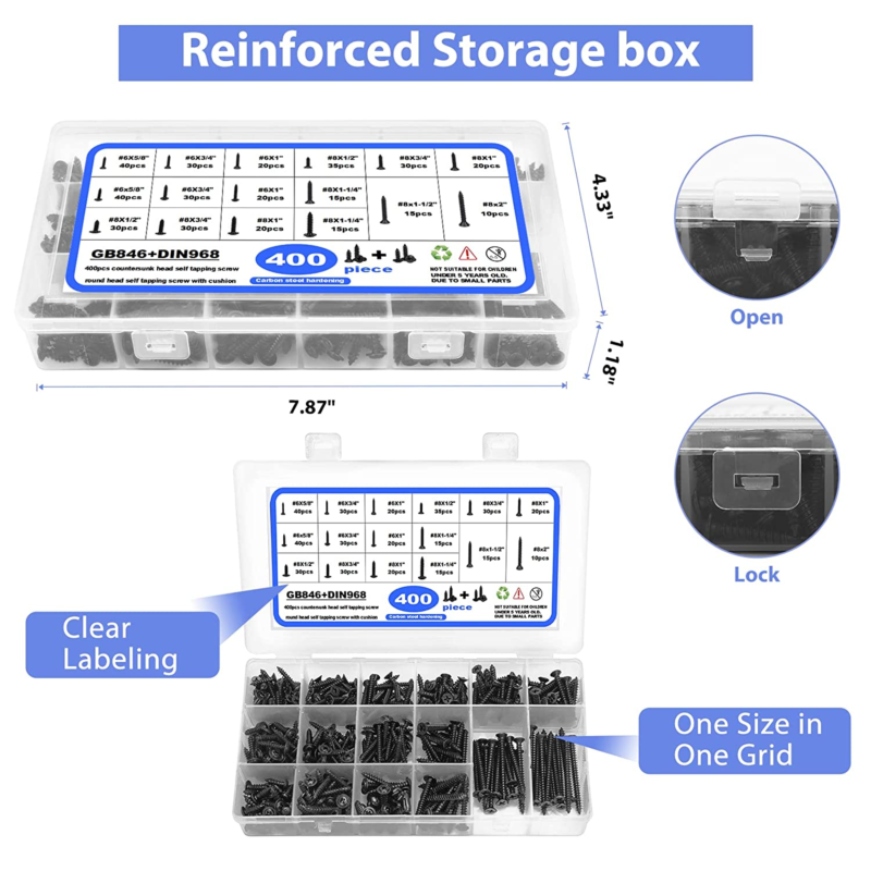 Self Tapping Screws,  400Pcs Wood Screws Assortment Kit, 6#8 Black Oxide Screws 