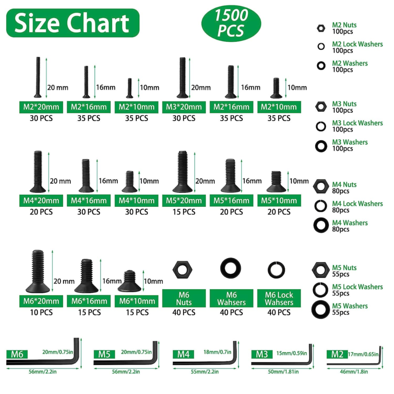 Bolts and Nuts Assortment,1500Pcs Hex Socket Flat Head Screws Bolts Nuts Washers