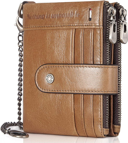 Men's Genuine Leather RFID Wallet, Zipper Bifold Wallet With ID Window and Coin 
