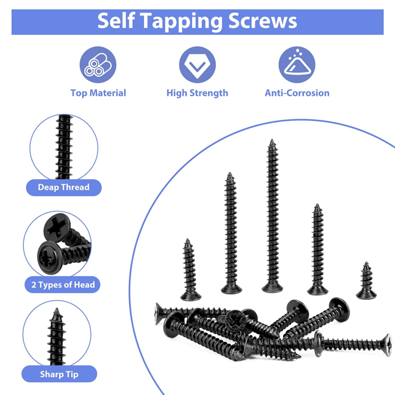 Self Tapping Screws,  400Pcs Wood Screws Assortment Kit, 6#8 Black Oxide Screws 