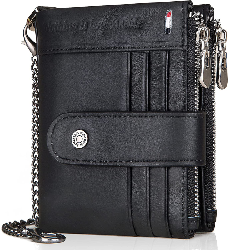 Men's Genuine Leather RFID Wallet, Zipper Bifold Wallet With ID Window and Coin 