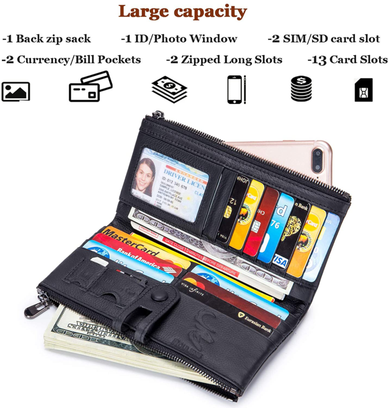 ROULENS Wallet for Women Genuine Leather Card Holder Phone Checkbook Organizer Z