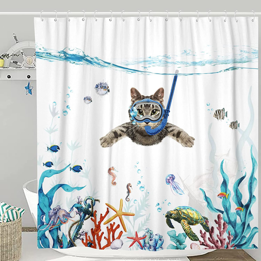 Funny Cat Shower Curtain Teal Blue Sea Ocean  