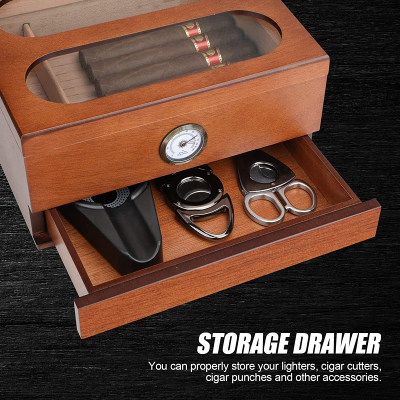 Cigar Humidor with Hygrometer Humidifier & Accessory Drawers-Holds 20-35 Cigars