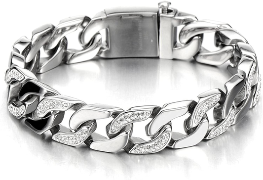 Men's Stainless Steel Curb Chain Bracelet Silver Color High Polished with Cubic 