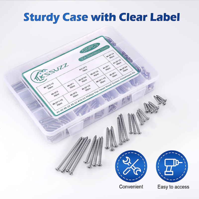 520PCS Wood Screws Assortment Kit - Stainless Steel Self Tapping Screw Set, Asso