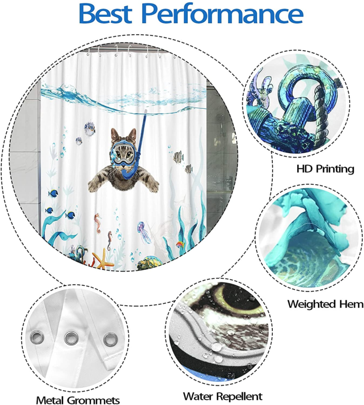 Funny Cat Shower Curtain Teal Blue Sea Ocean  