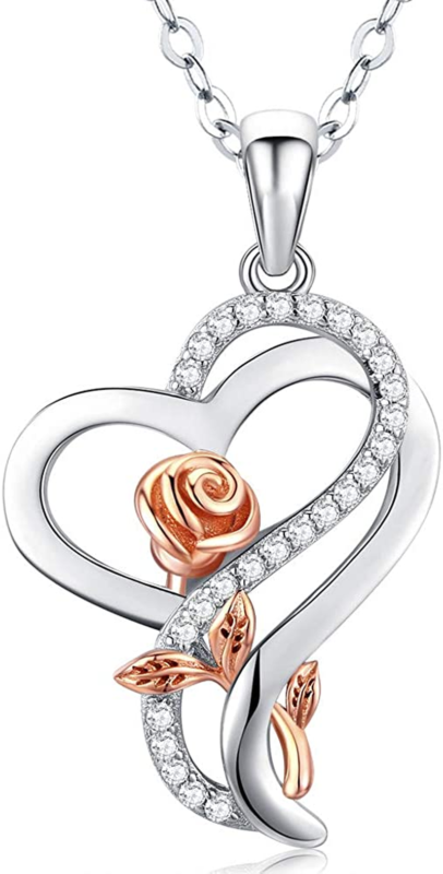 Desimtion Sterling Silver Heart Rose Necklace
