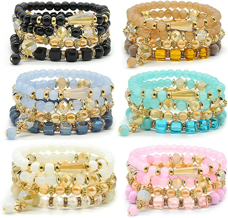 Bohemian Bracelet Sets for Women - 6 Sets Stackable Stretch Bracelets Multi-Colo