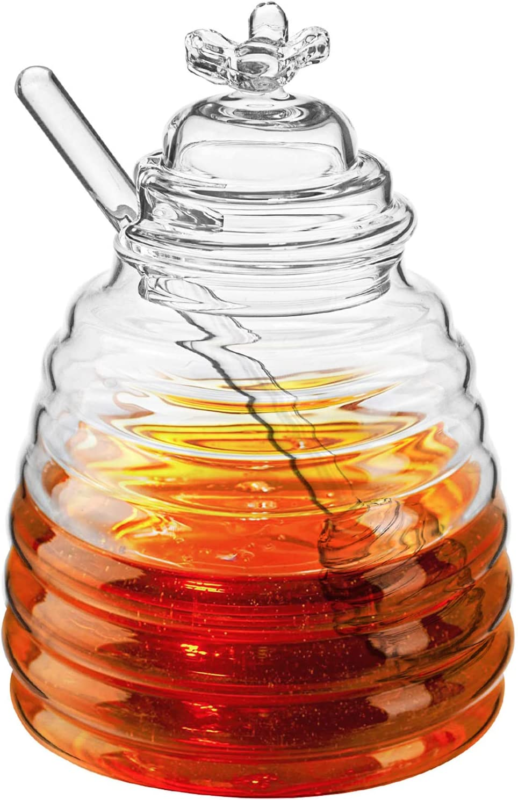 Honey Jar with Dipper and Lid, Honey Bee Pot, 17Oz Glass 