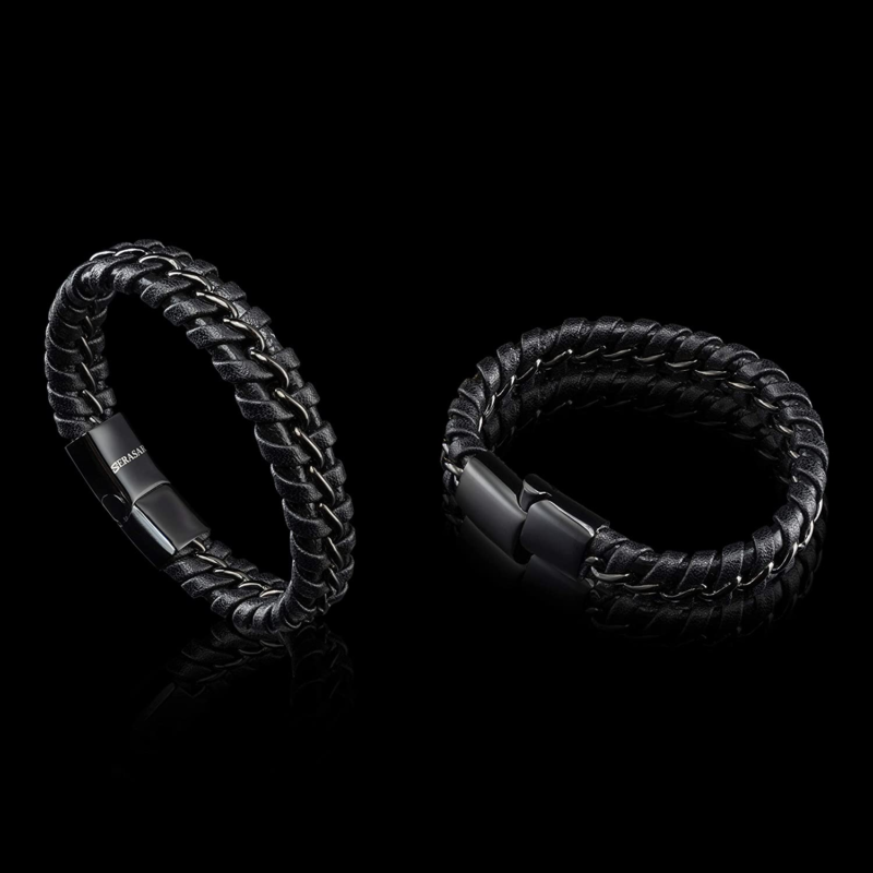 Premium Genuine Leather Bracelet for Men in Black Magnetic Stainless Steel Clasp