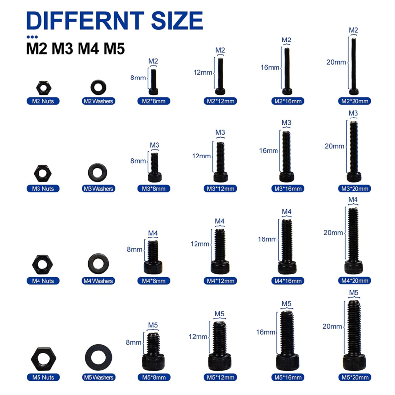 M2 M3 M4 M5 Hex Socket Head Cap Screw Bolts Nuts and Washer Assortment Kit, 1060