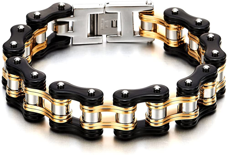 Mens Bike Chain Bracelet, Stainless Steel Two-Tone Polished