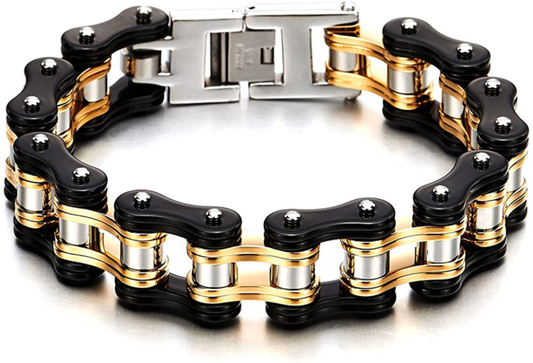 Mens Bike Chain Bracelet, Stainless Steel Two-Tone Polished