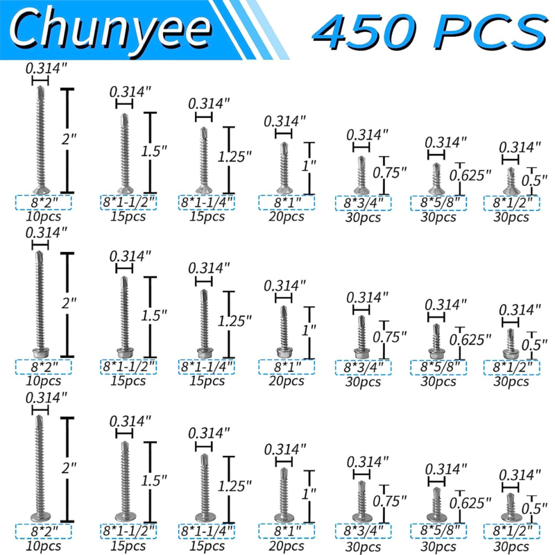 450Pcs Self Tapping Screws for Metal 410 Stainless Steel #8 Self Drilling Screws