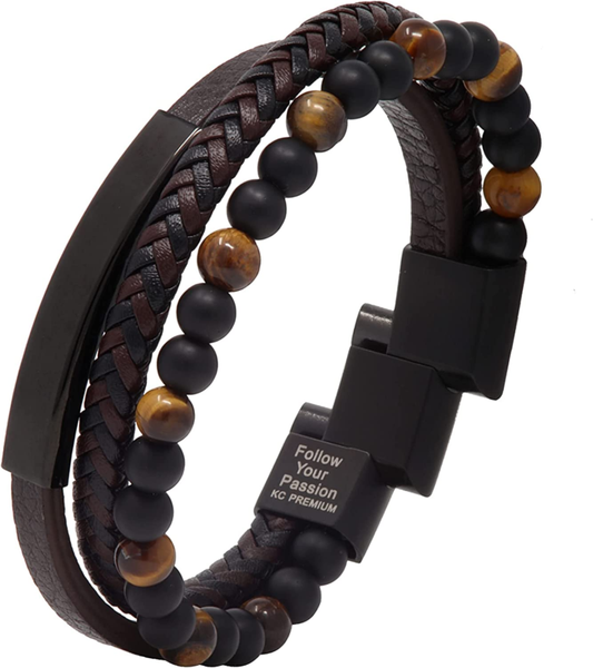 Leather Beads Bracelet Men Engraved Inspirational Adjustable Magnetic Clasp 