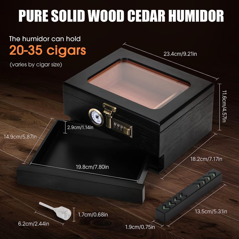 Cigar Humidor, Cedar Wood Humidor Cigar Box, Glass Top  Holds 20-35 Cigars