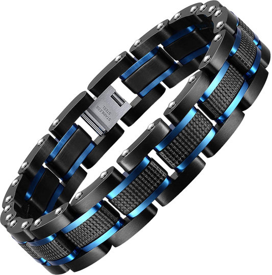 Men'S Stainless Steel Two-Tone Square Link Bracelet in Black & Blue