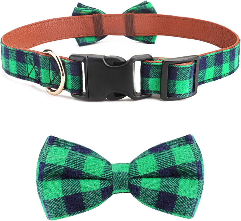 Dog or Cat Bow Tie,  Collar with Bow Tie Buckle Light Plaid  Adjustable (Large G