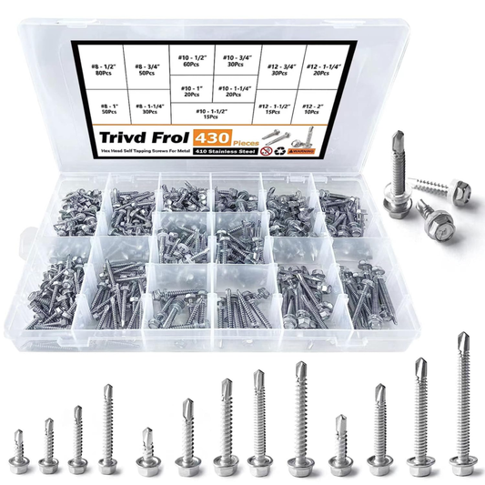 Trivd Frol 410 Stainless Steel Self Tapping TEK Screws Assortment,430 Pcs #8#10#