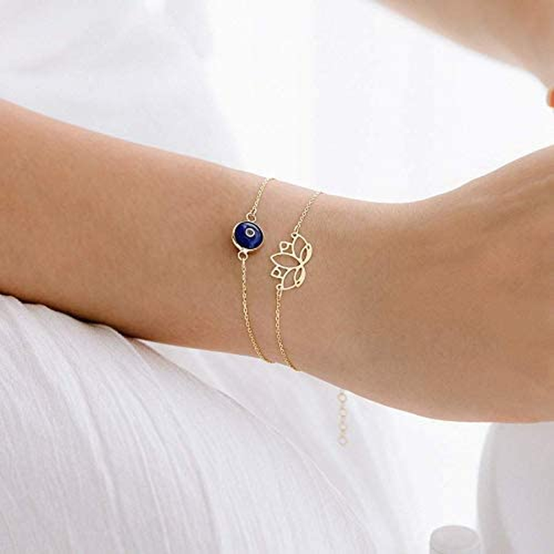 14K Solid Gold Evil Eye Bracelet for Women, Evil Eye Adjustable 6" to 7"