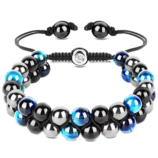 Triple Protection Bracelet Bracelet Blue Tiger Eye Beads Hematite Obsidian 