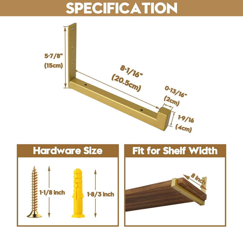 Gold Color Shelf Brackets 4 Pcs Heavy Duty Wall Mounted with Lip Floating 8 Inch