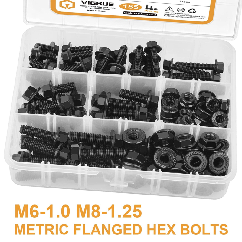 155PCS M6-1.0 M8-1.25 Flanged Hex Bolts, M6 X 12/16/20/25/30Mm and M8 X 16/20/25