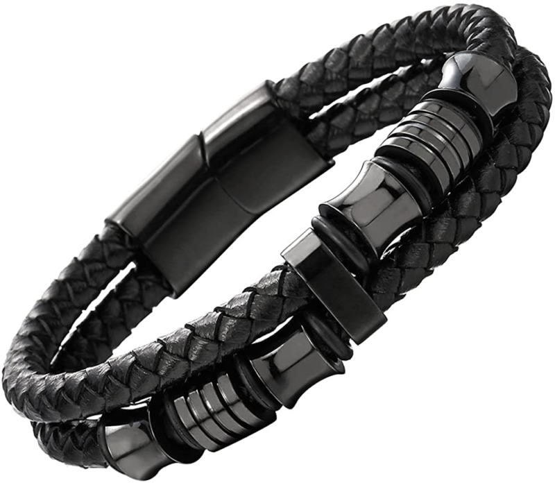 COOLSTEELANDBEYOND Mens Double-Braided Leather Bracelet Bangle Wristba