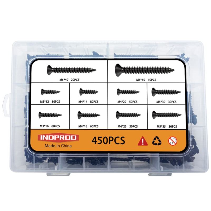 450 Pcs M3 M4 M5 Black Wood Screws Assortment Kit,High Hardness Carbon Steel Sel