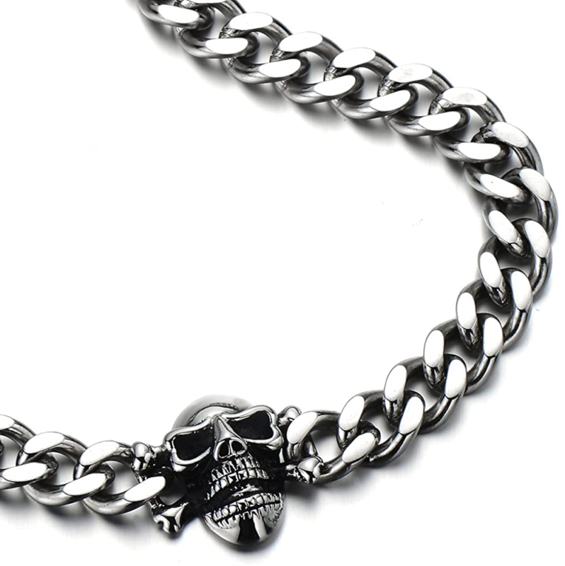 COOLSTEELANDBEYOND Mens Stainless Steel Curb Chain Skull Necklace Silver Color G