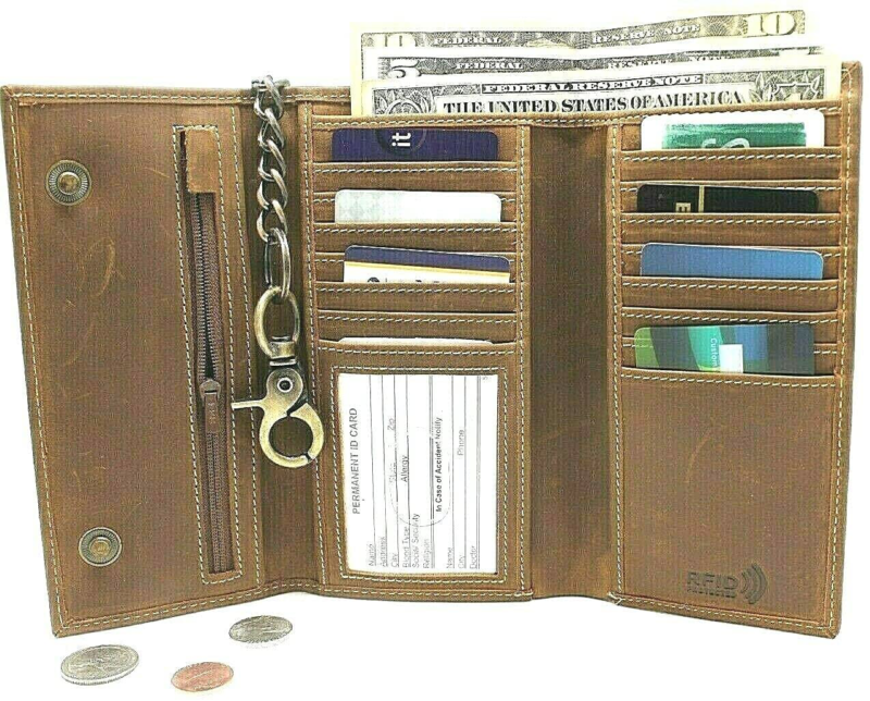 Men's Biker's Trucker RFID, Long Checkbook Leather Trifold Chain Wallet  