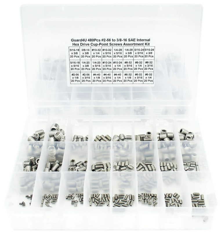 480Pcs #2-56 to 3/8-16 SAE Internal Hex Drive Cup-Point Screws Assortment Kit, 2