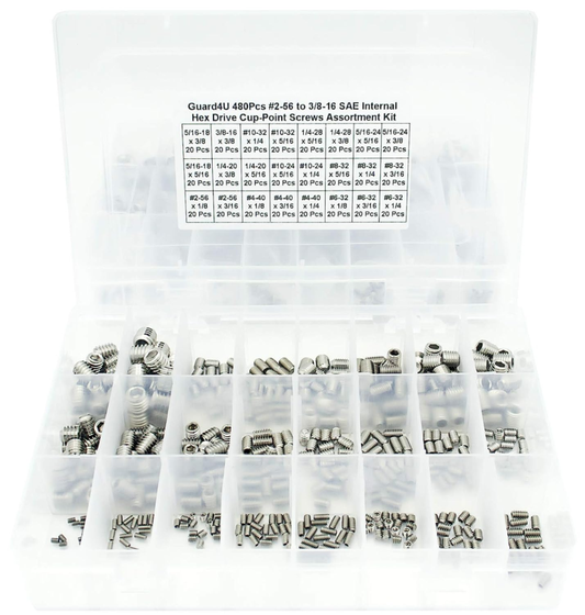 480Pcs #2-56 to 3/8-16 SAE Internal Hex Drive Cup-Point Screws Assortment Kit, 2