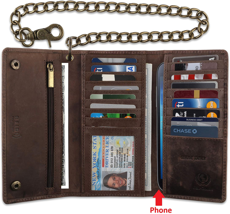 RFID Blocking Mens Tri-fold Long Style Cowhide Leather Steel Chain Wallet, (ONE,