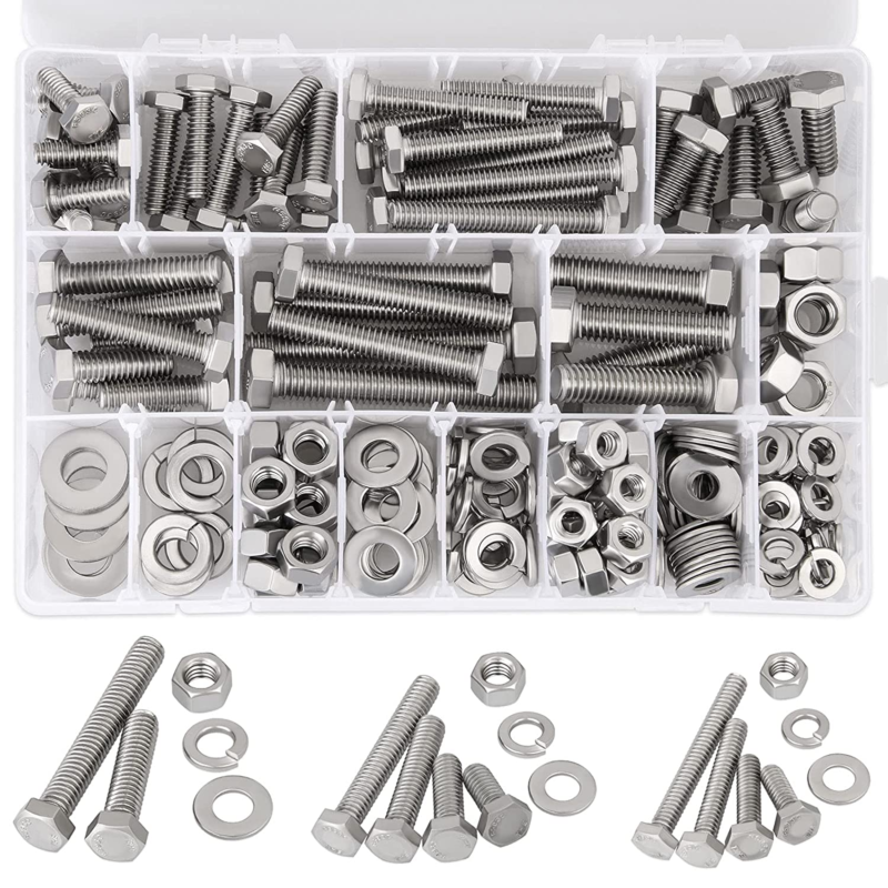 240Pcs Hex Bolts and Nuts Kit Stainless Steel Spring Washers Assortment Kit, 3/8