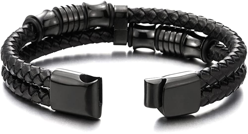 COOLSTEELANDBEYOND Mens Double-Braided Leather Bracelet Bangle Wristba