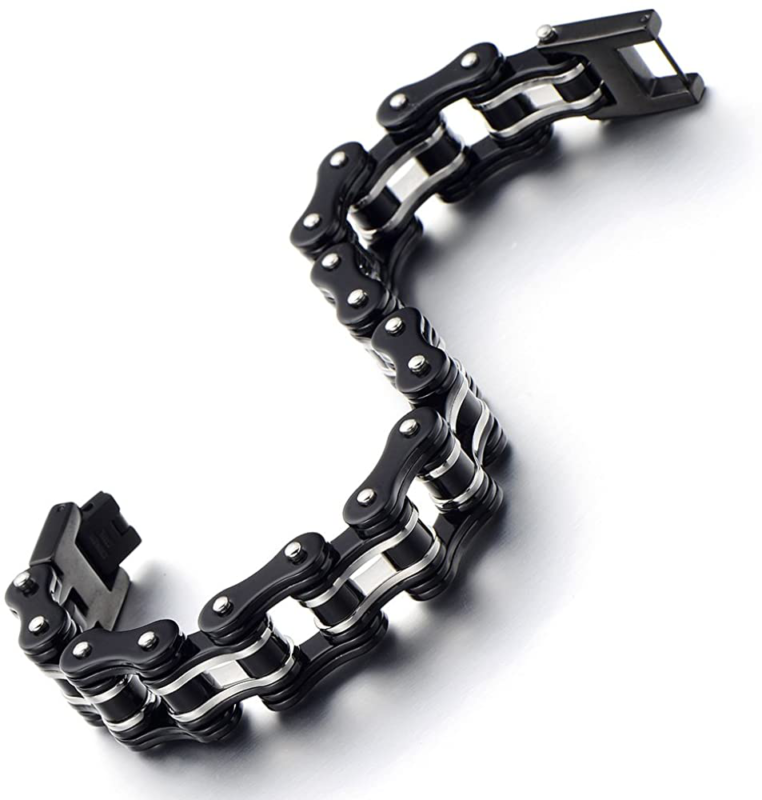 Mens Bike Chain Bracelet, Stainless Steel Two-Tone Polished