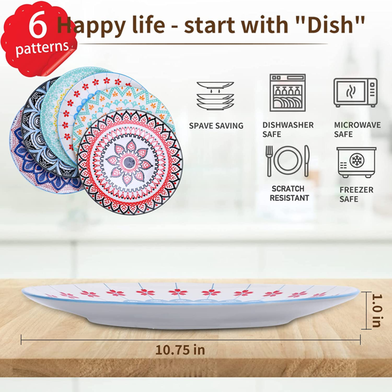 Porcelain Plates - 10.5 Inch -Microwave, Oven, Dishwasher Safe,  - Set of 6