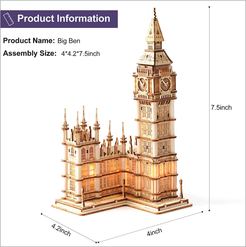 3D Puzzle for Adults, Wooden Big Ben Model Kit with LED 