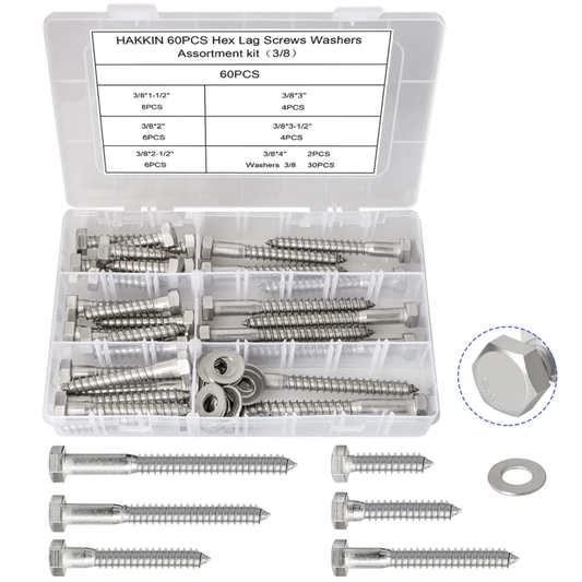 3/8" Hex Lag Bolts Wood Screws, 60PCS Assorted Wood Screw & Bolt Assortment Sets