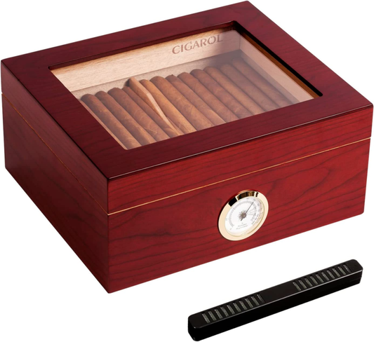 Cigar Humidor Holsa 30-50 Cigars, Humidifier and Hygrometer,Desktop Cedar Wood  