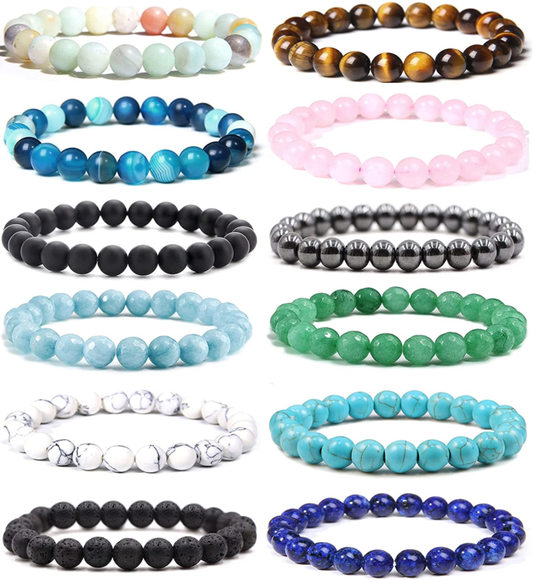 12Pcs Healing Stone Beaded Bracelets Unisex Adjustable Stretch Bracelets 8MM